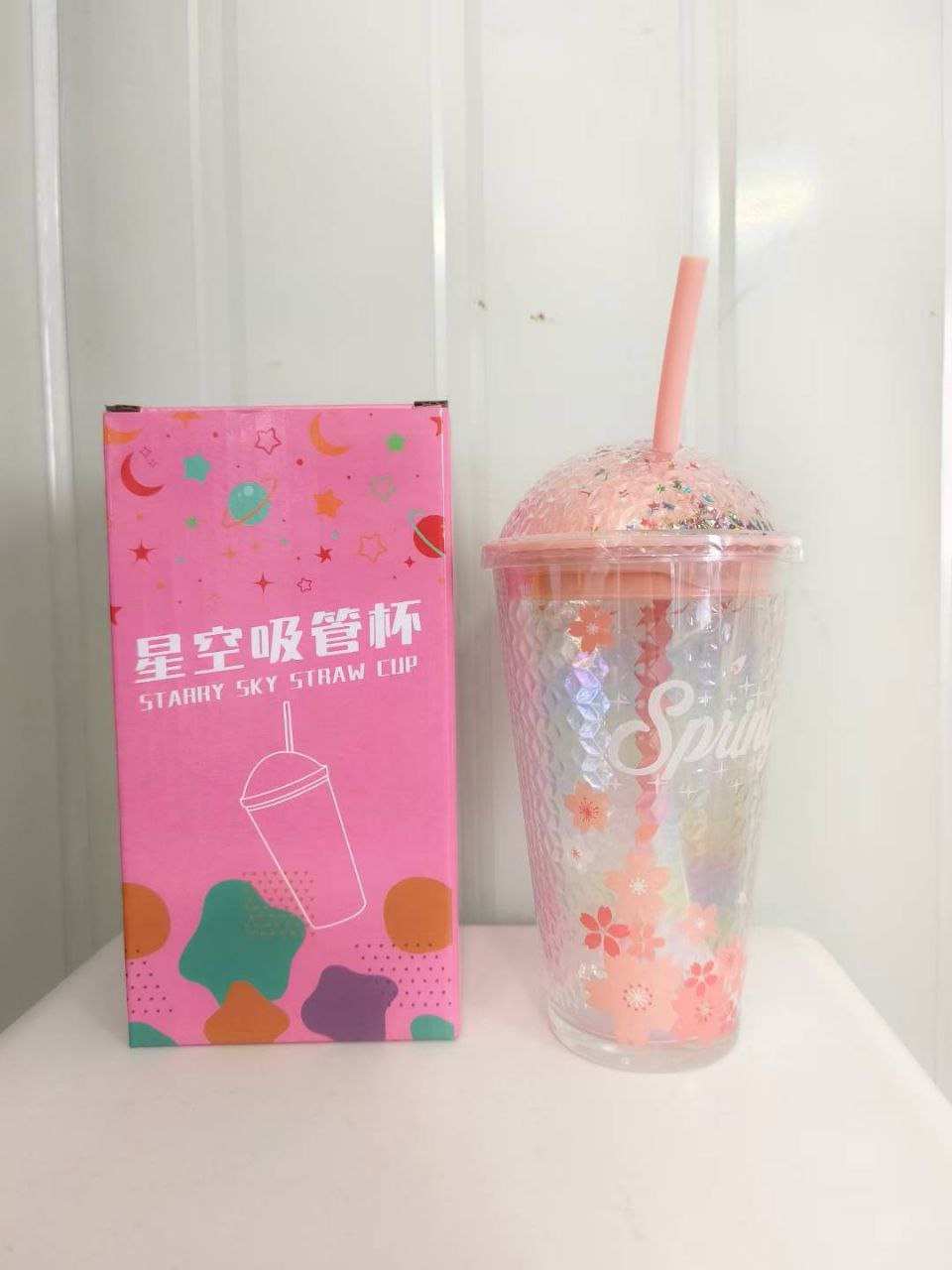 Starry sky glitter straw cup
