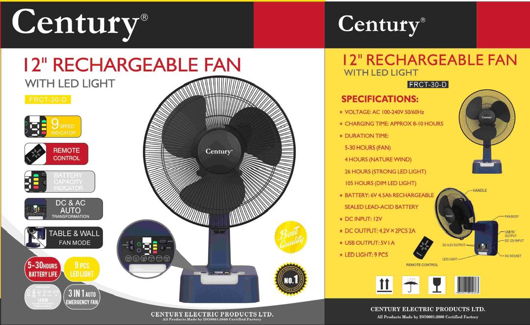Century 12" solar rechargeable table fan