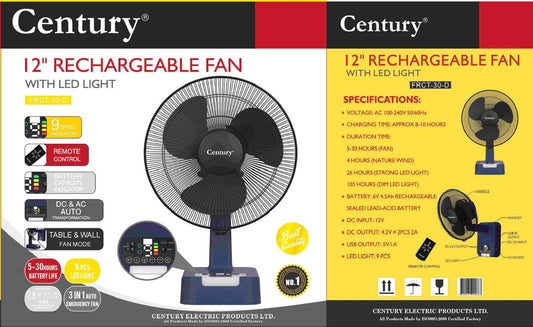 Century 12" solar rechargeable table fan